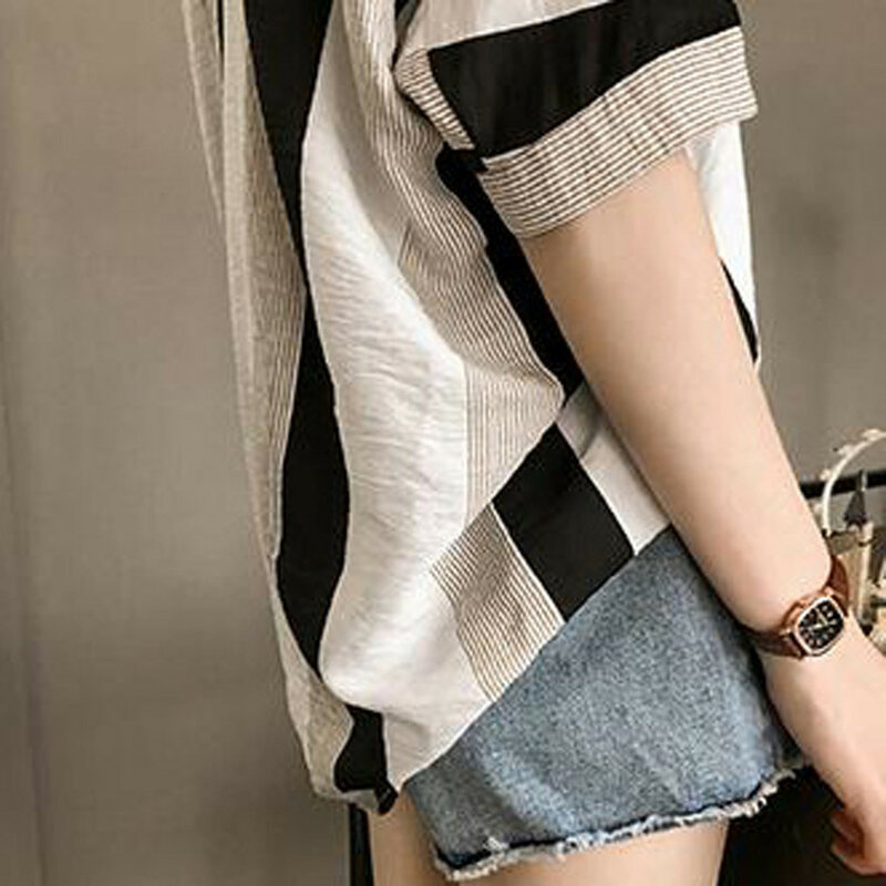 Blusa de moda elegante coreana para mulheres, harajuku, slim fit, solto, casual, jogo com todos, patchwork, botão, manga curta, verão
