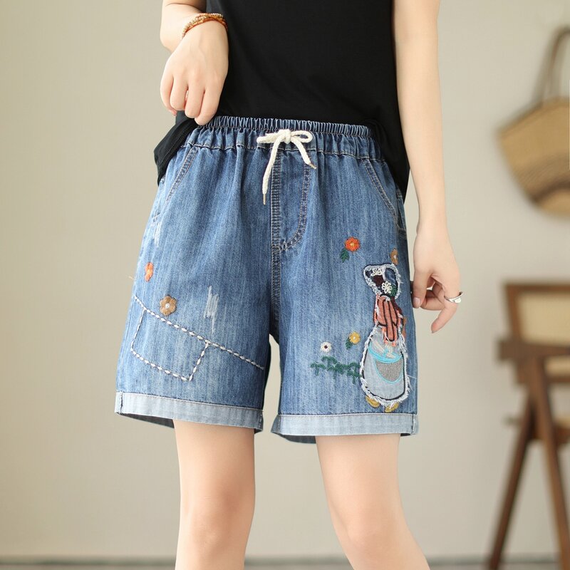 Aricaca Women M-XL Cute Girl Embroidered Denim Pants Female Elastic Waist Loose Shorts
