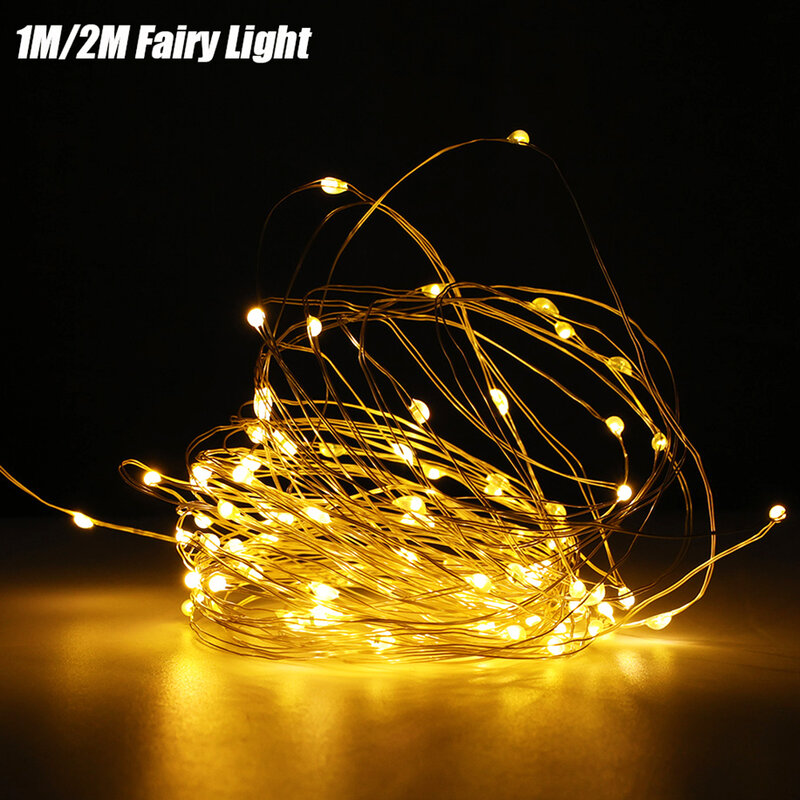 Guirnalda de luces LED de hadas, alambre de cobre, funciona con pilas, cadena de luces para Navidad, boda, fiesta, decoraciones navideñas, 1 M, 2M