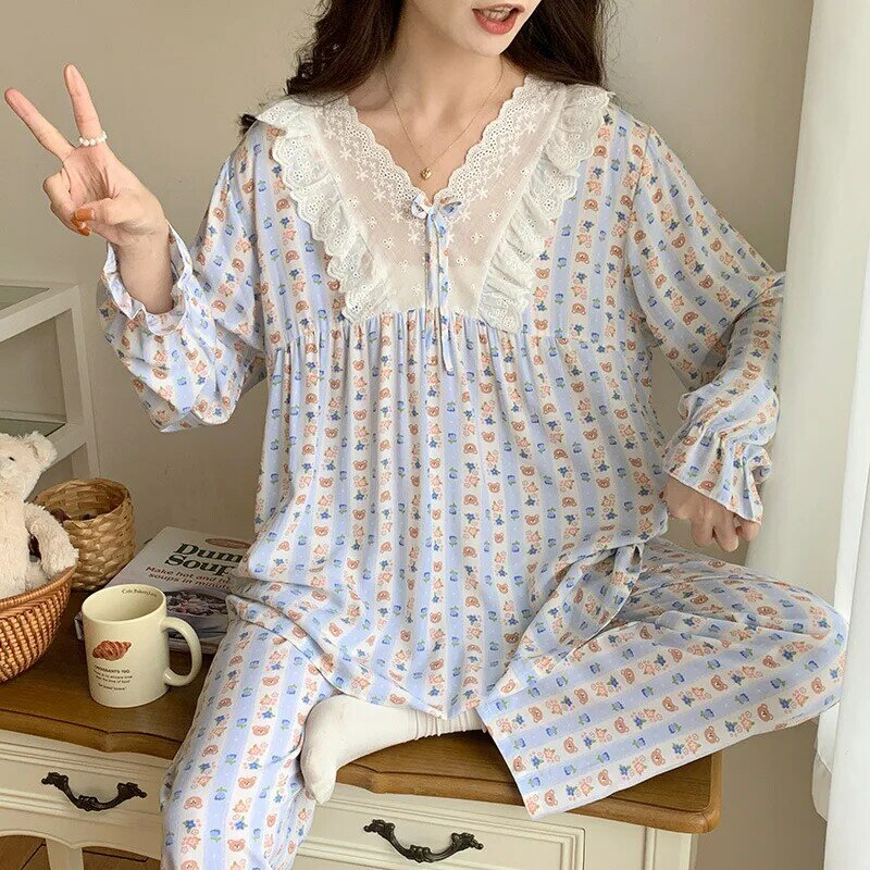 Pijama estampado floral coreano feminino, pijamas de algodão, conjuntos de manga comprida e calças, roupas de casa