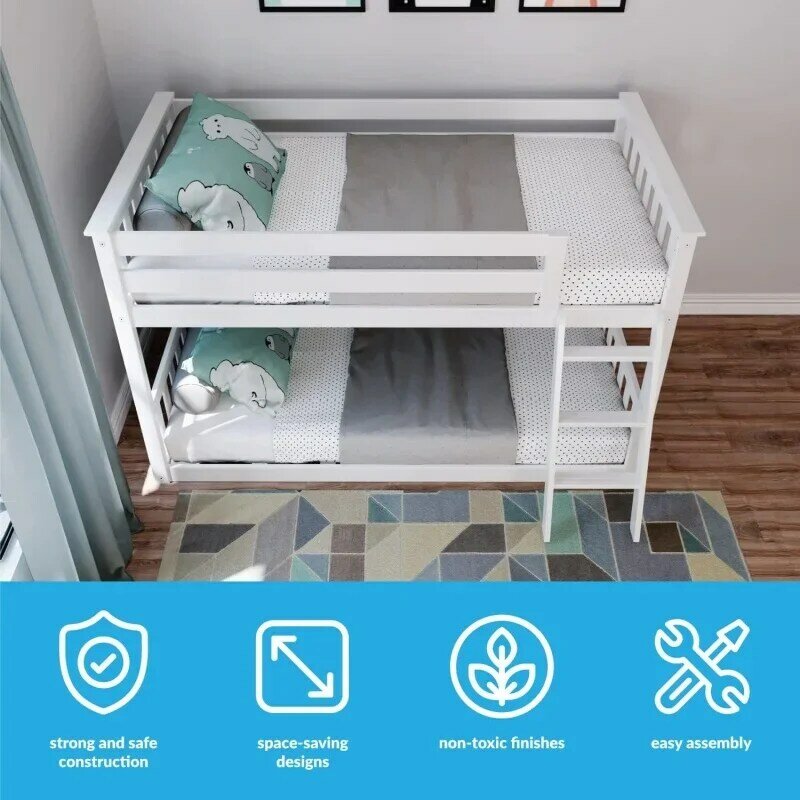Max & lilia Twin na niskim łóżko piętrowe z drabiną, drewniane łóżka 14 "barierka ochronna dla dzieci, małych dzieci, chłopców, dziewczynek