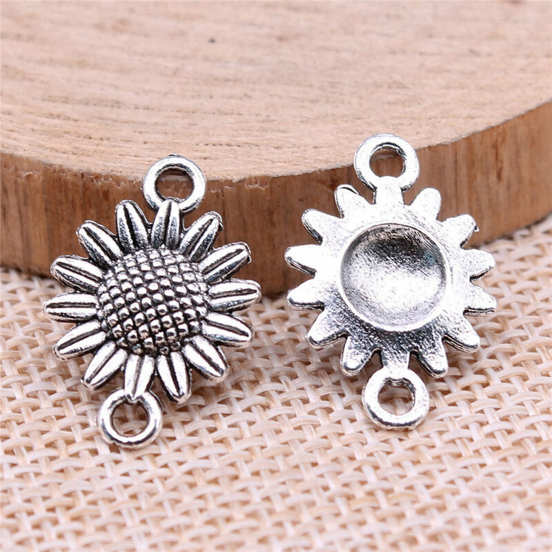 20pcs/lot 21x15mm Sunflower Connector Charms For Jewelry Making Antique Silver Color 0.83x0.59inch