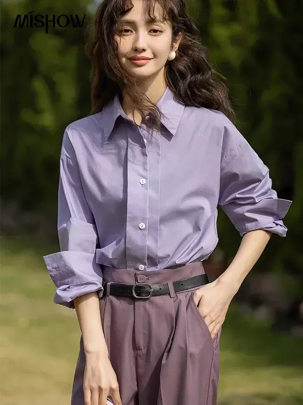 Luźna koszula damska MISHOW wiosna solidna koszulka Polo jednorzędowa bluzka biurowa damska z długim rękawem odzież damska MXC13C0006