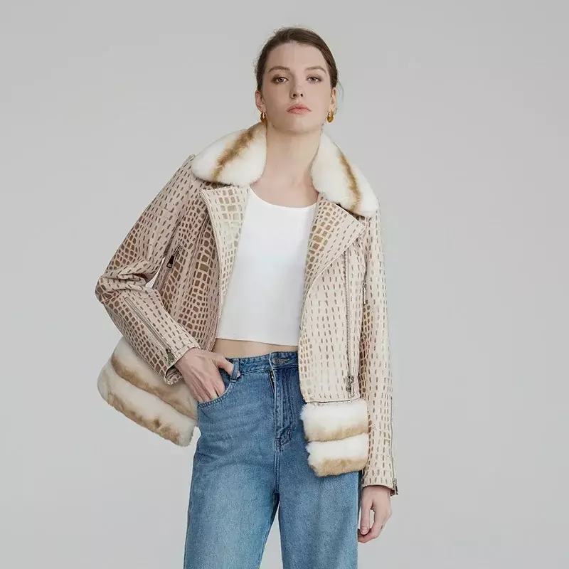 Lady Fashion Genuine Sheepskin Leather Jacket Detachable Rex Rabbit Fur Collar Crocodile Pattern Leather Coat NZ5924