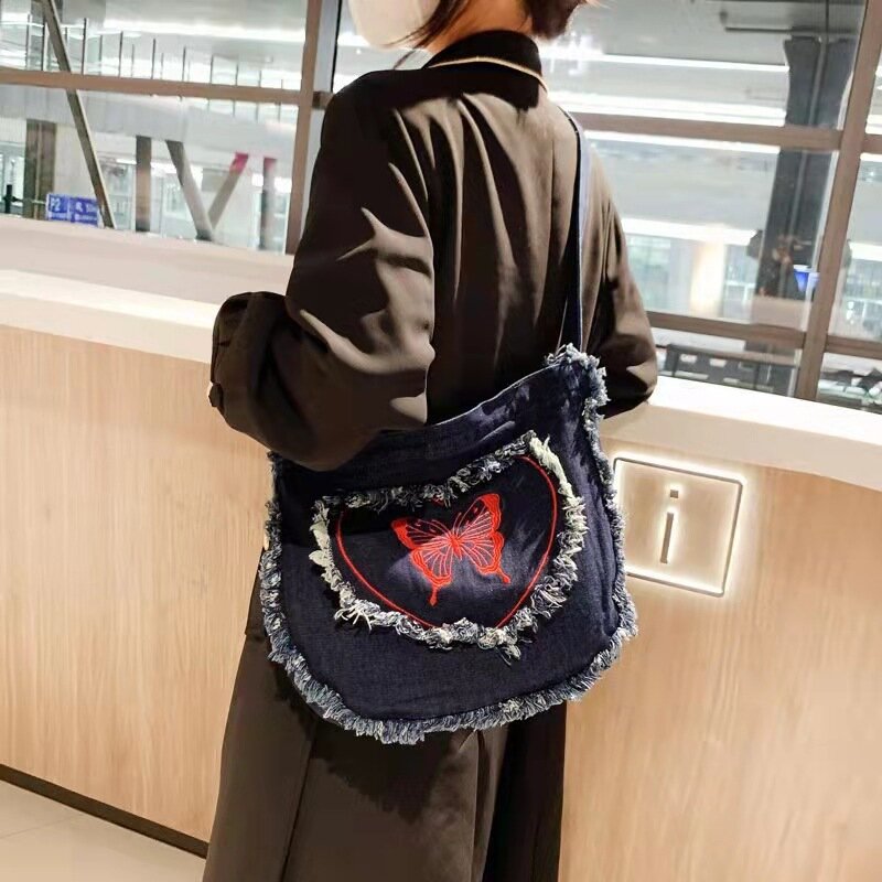Totes Y2K-Bolso de tela vaquera con borlas, bolso de mano grande con estampado de mariposa, estilo japonés, a la moda