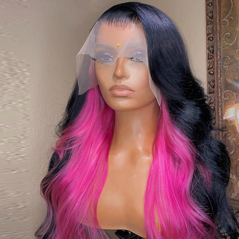 Wig Frontal Lace Hitam Highligh Merah Muda Wig Body Wave Wig Depan Lace Sintetik Rambut Serat Tahan Panas