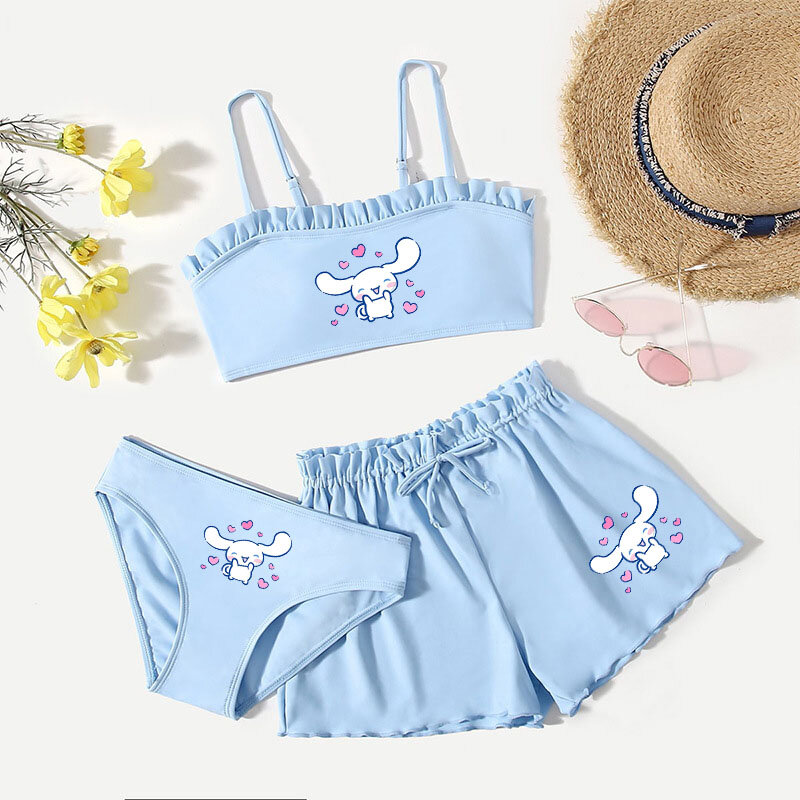 3 Stück Kinder Cinna moroll Badeanzug Set Kawaii Anime Kuromi Mädchen Cartoon Weste Unterhose Shorts Bikini Strand kleidung schnell trocknen