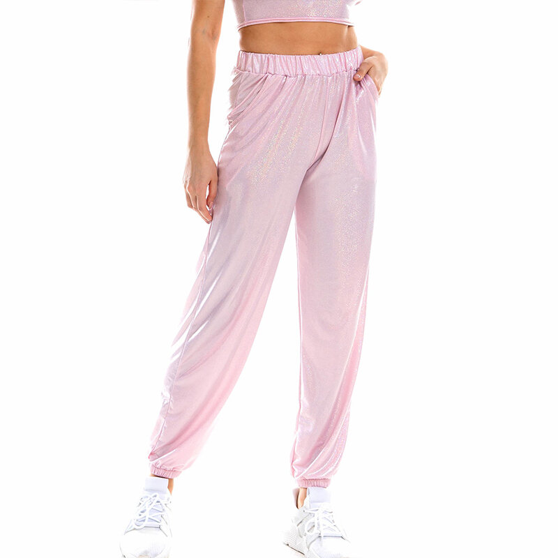 Mulheres glitter cintura alta metálico jogger calças estiramento conforto bolso sweatpants primavera verão dança hip hop calças streetwear