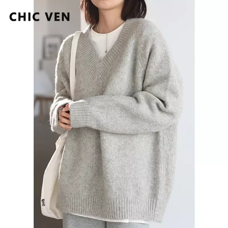 Sweater Wanita CHIC VEN Rajutan Leher V Solid Kasual Wanita Longgar Pullover Lengan Panjang Atasan Wanita Mantel Wanita Musim Gugur Musim Dingin 2022