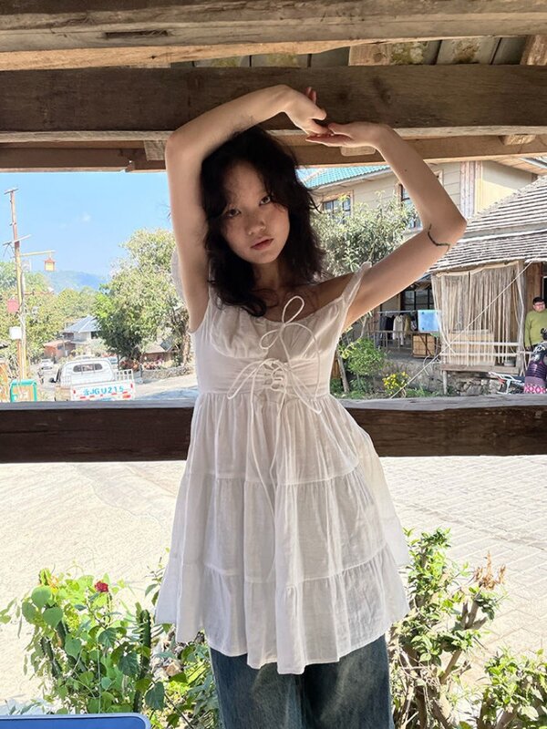HOUZHOU 일본 Y2k 화이트 미니 원피스 여성용, 귀엽고 귀여운 붕대 프릴 드레스, 미적인 여름 민소매 우아한 소녀 원피스