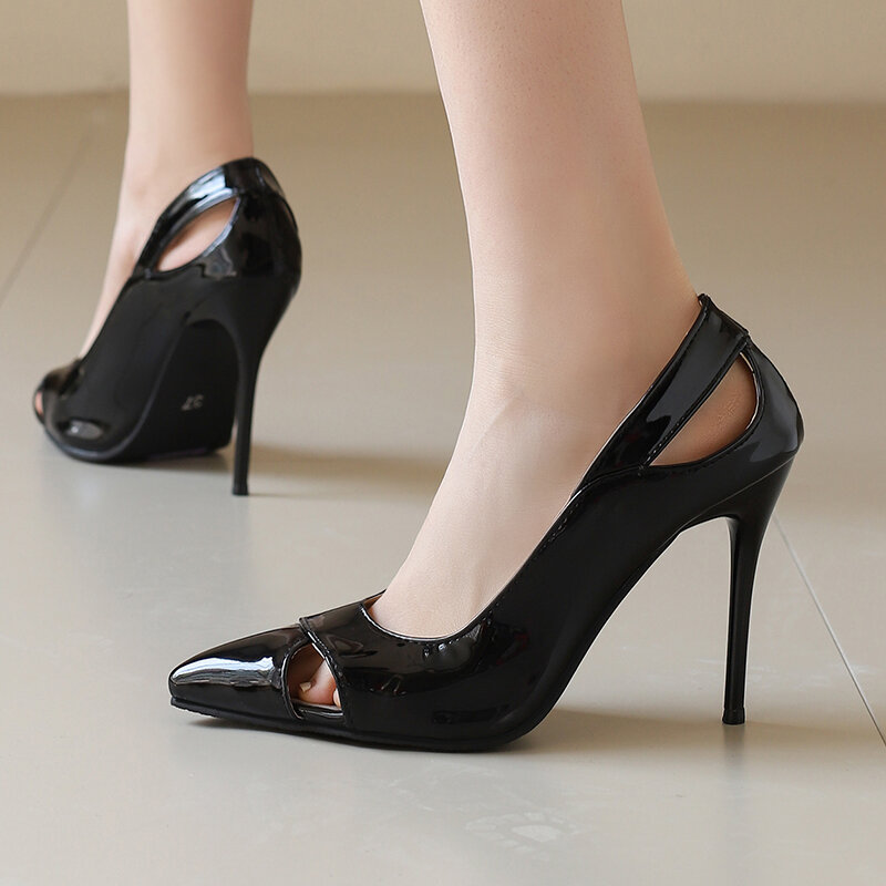 Zapatos de tacón de aguja con agujeros para mujer, calzado de charol fino de 10cm, talla grande 48, 49, 50, primavera y verano, 2024