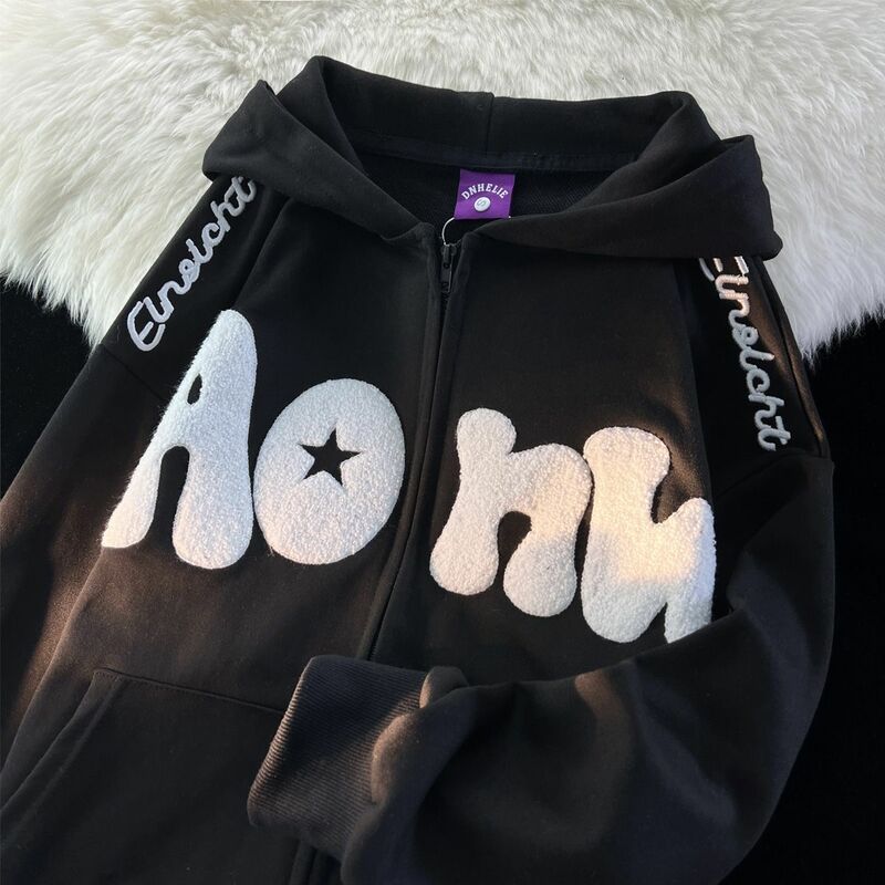 American Retro High Street Embroidery Star Zipper Sweater Women's Spring Autumn Y2K Loose Lazy Wind Thin Couple Hooded Jackets