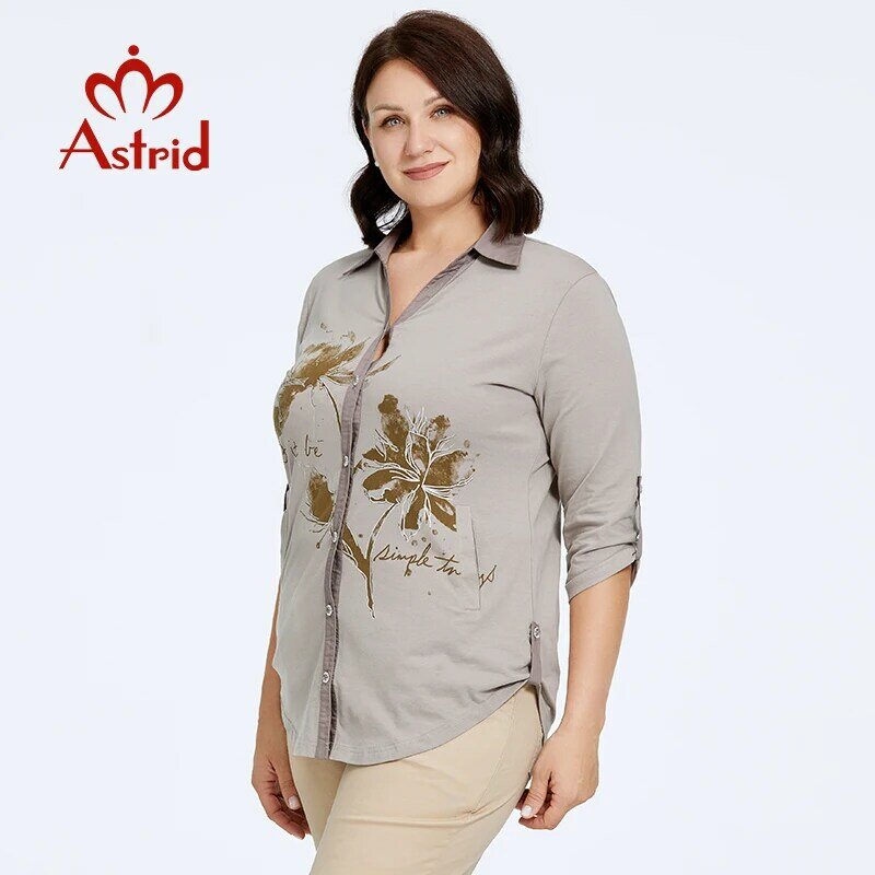 Aster D-Camisa de algodón con solapa estampada para mujer, blusa informal de talla grande, ropa elegante de oficina, 2023