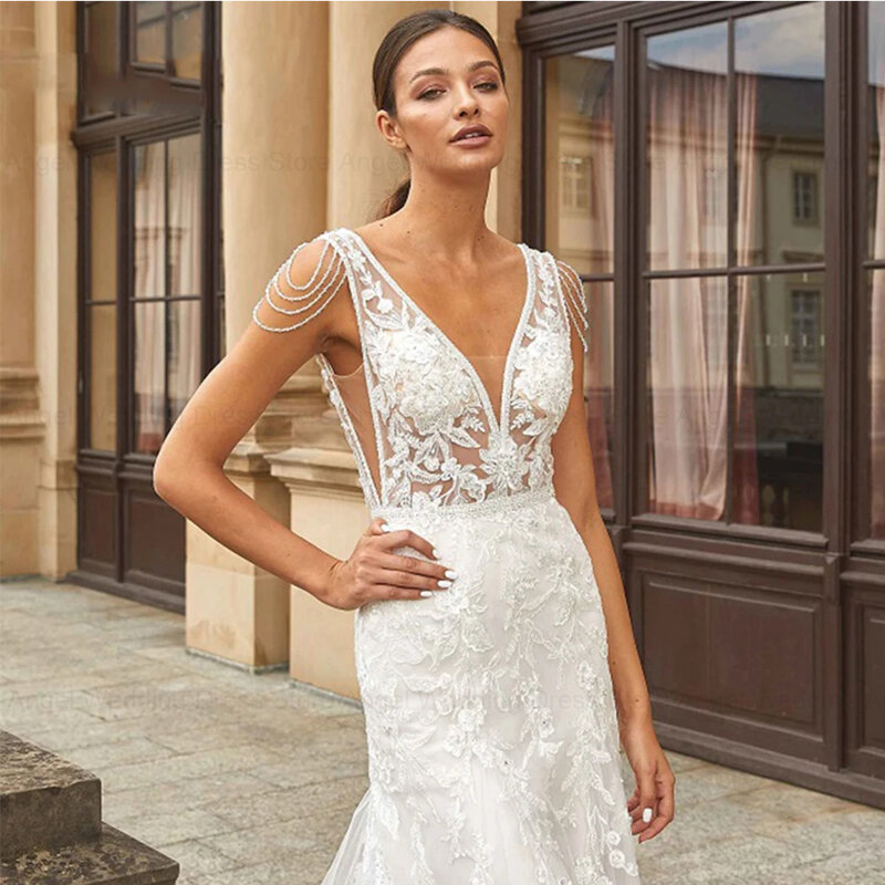 ANGEL gaun pengantin putri duyung gaun pengantin applique renda manik-manik leher V untuk wanita elegan 2024 dibuat sesuai pesanan