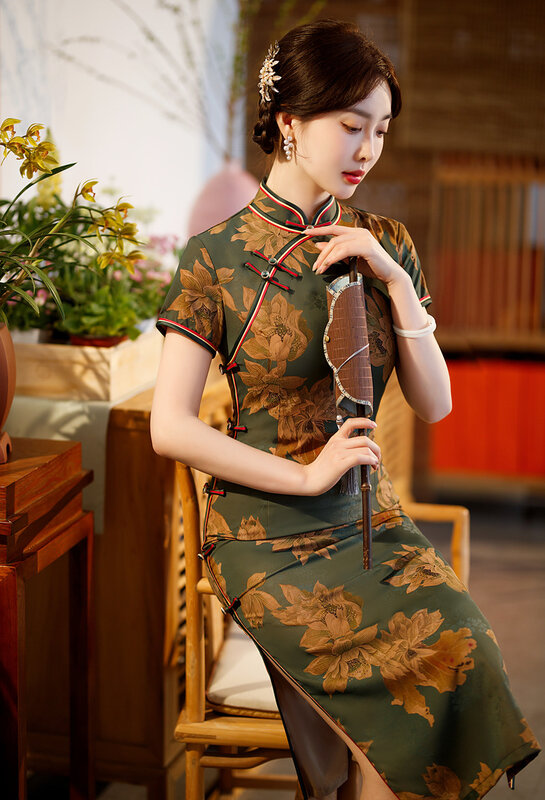 Summer Traditional Flower Printed Satin Mandarin Collar Short Sleeve Cheongsam Chinese Women's Retro Qipao Evening Dress