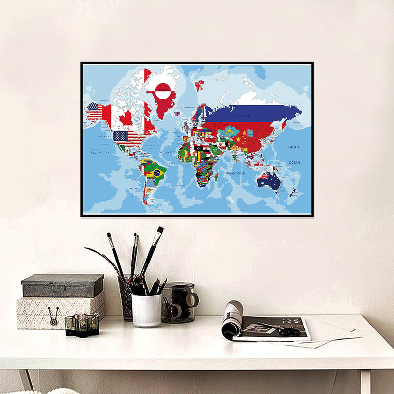 แผนที่โลกพร้อมธงประเทศขนาด45*30ซม. ภาพวาดโปสเตอร์ศิลปะบนผนังภาพพิมพ์อุปกรณ์การเรียนการสอนในโรงเรียนห้องนั่งเล่นตกแต่งบ้าน
