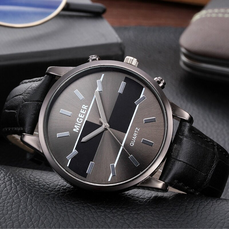 Elegante relógio de quartzo minimalista com pulseira para homens, relógio de pulso analógico, pulseira de couro, estojo em liga alta qualidade, prenda da moda