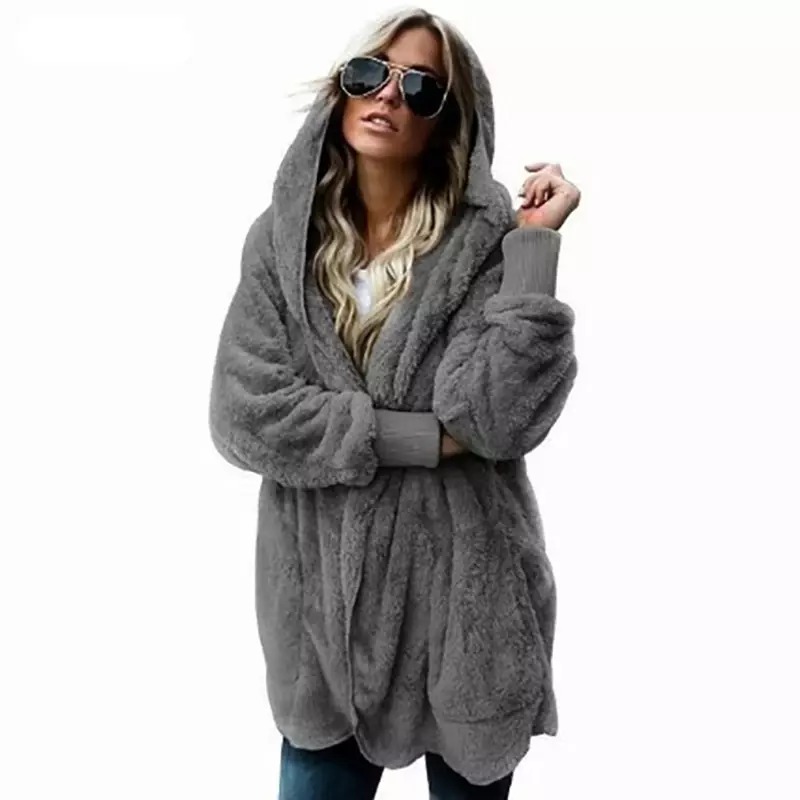 Faux Fur Coat 2022ฤดูใบไม้ร่วงฤดูหนาวนุ่มอบอุ่นนุ่มยาวขนสัตว์แจ็คเก็ต Outwear Plush กระเป๋าเสื้อคลุมไม่มีปุ่ม Cardigan กับ Hood