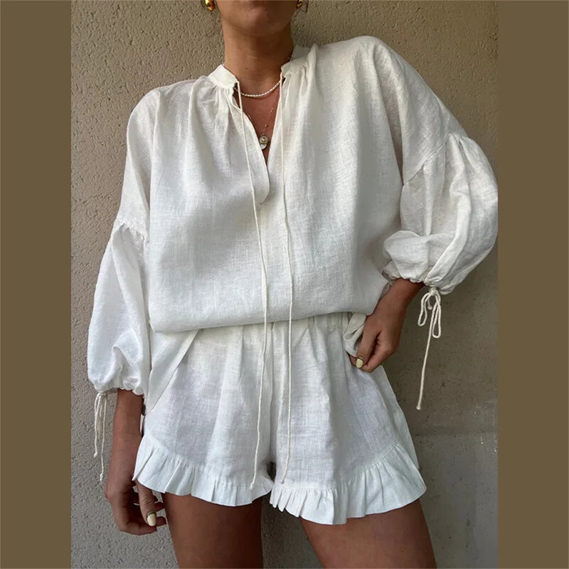 White Elastic Waist Shorts Two Piece Set For Women Commuting Long Sleeve Lace Up Shirt Suit Summer New Female High Street Outfit