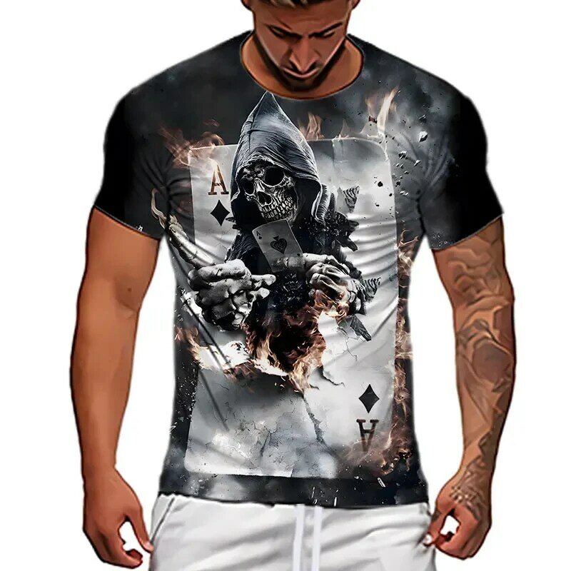 男性用3DスカルバイダープリントTシャツ,半袖トップス,特大カジュアルシャツ,ヴィンテージウェア,夏服