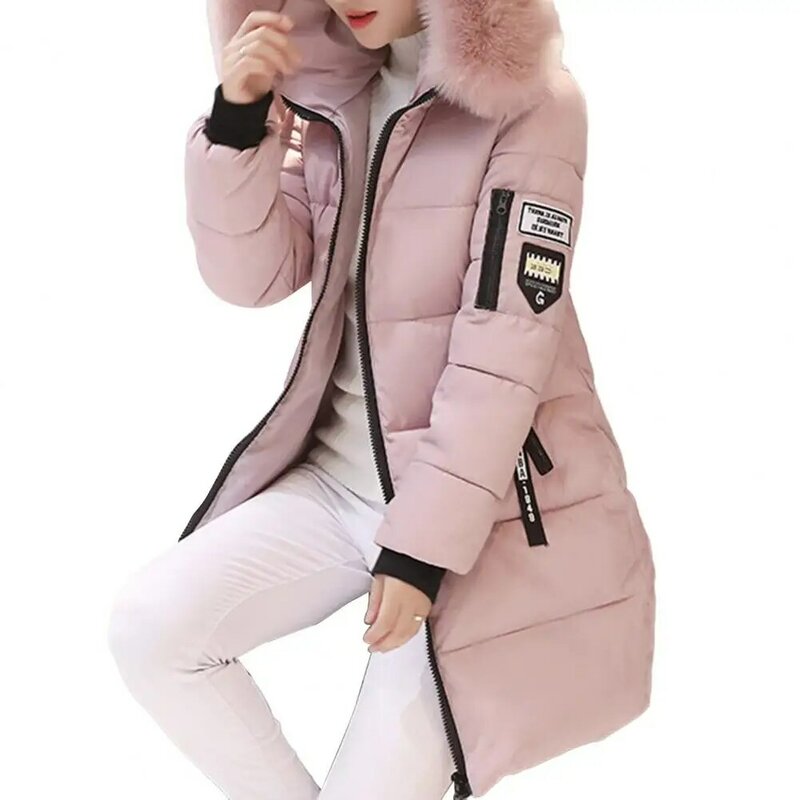 Women Coat Thickened Padded Stuffed Hooded Warm Zipper Pockets Zip Up Long Sleeve Solid Color Slim Down Coat