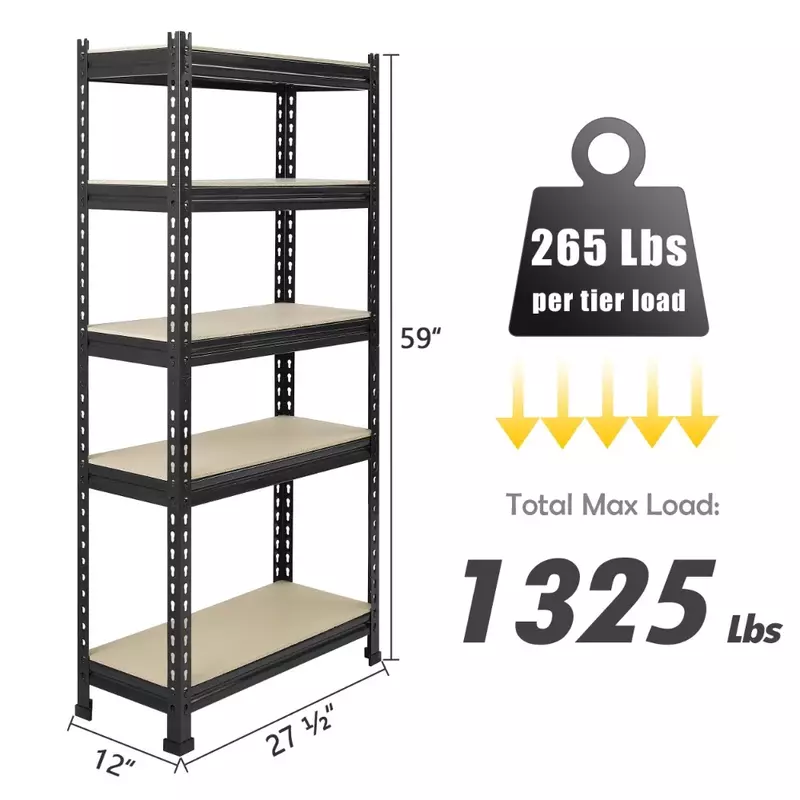 Prilinex-estantes de almacenamiento de 5 niveles, estantería de garaje de Metal ajustable para almacén, 28 ''x 12'' x 59 '', color negro