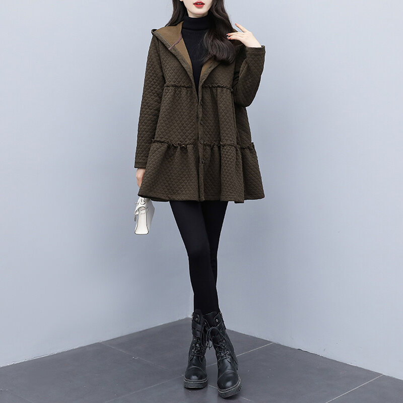 Wanita musim gugur/musim dingin baru 2024 edisi Korea telinga tepi penuaan warna Solid Hooded panjang mantel trendi warna Solid komuter