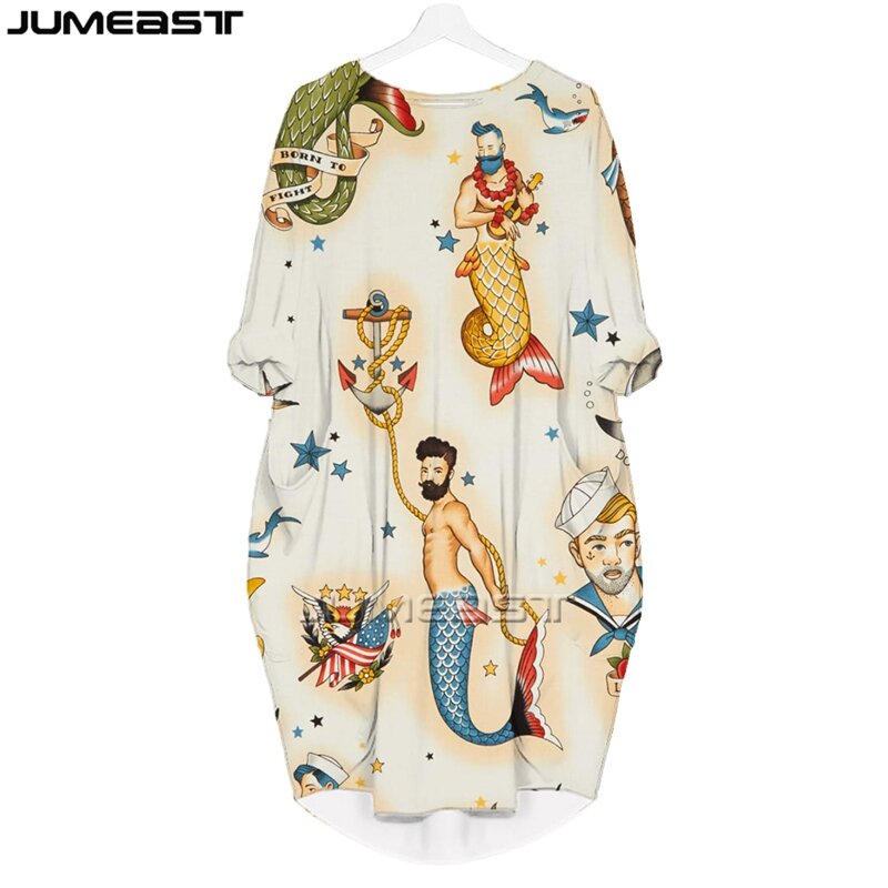Jumeast Damen bekleidung 3D-Druck Y2k Stil Cartoon Sommer Fledermaus Taschen kleid Hip Hop Streetwear Pullover Rock Nachthemd