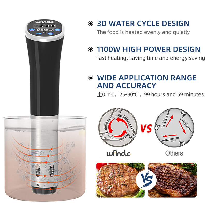 Wancle 1100W Sous Vide Cooker LCD Touch Immersion Circulator Accurate Cooking IPX7 Waterproof Vacuum Cooker with Digital Display
