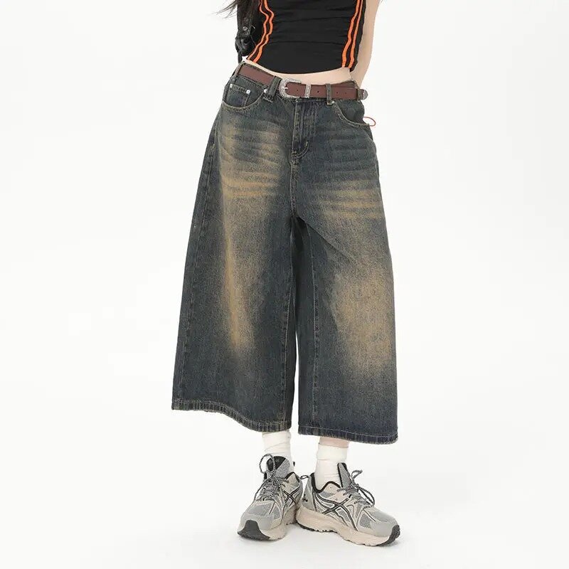 Deeptown-pantalones vaqueros Vintage holgados, ropa de calle Y2k, pantalones cortos de mezclilla de gran tamaño, moda coreana, pantalones Grunge holgados, verano Neutral