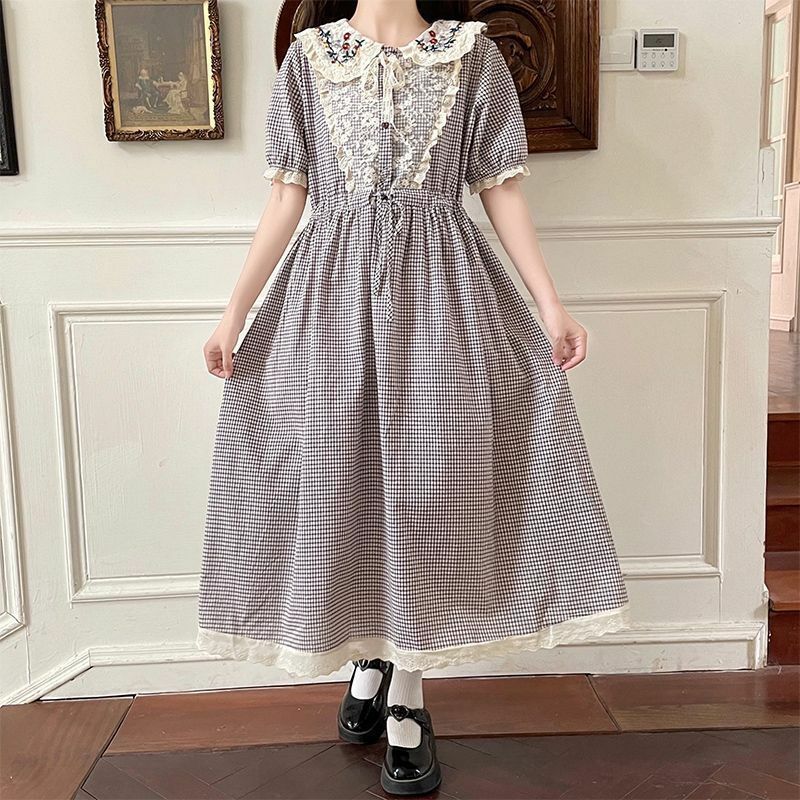 Mori Girl Style Sweet Cute Doll Collar Plaid Dress Women Summer Vintage Lace Embroidery A-Line  Aesthetic Long Dresses Vestidos