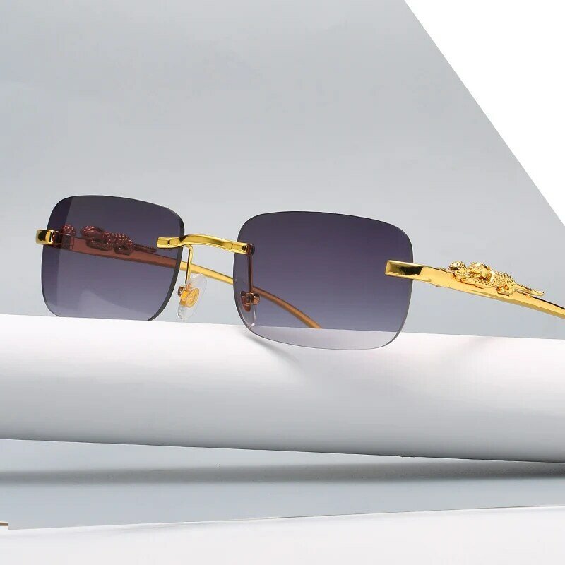 새로운 무테 직사각형 빈티지 금속 레오파드 헤드 선글라스, 여성 남성을 위한 패션 무테 틴트 안경 음영