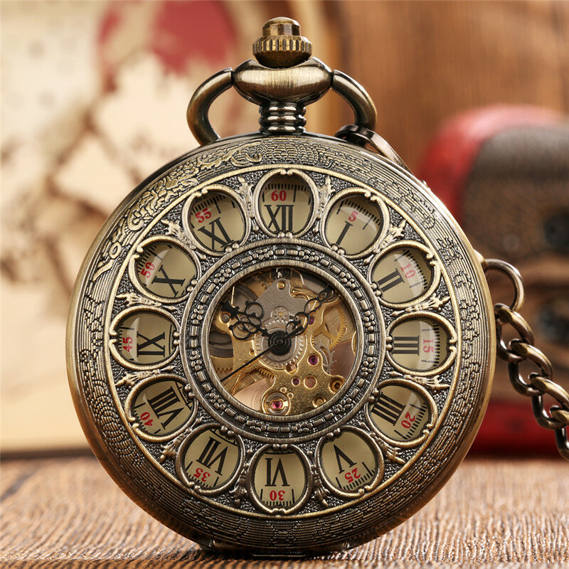 Retro relógio de bolso mecânico para homens e mulheres, oco para fora caso, relógio Handwind, numeral romano Dial, corrente FOB, dom relógio