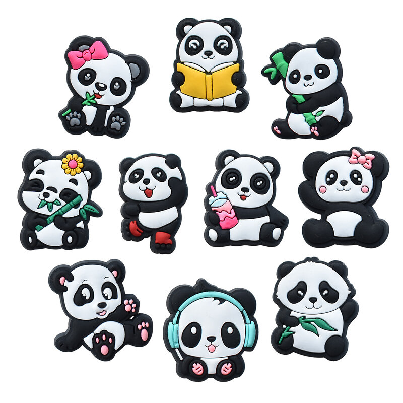 Serie de personajes de panda para niños y niñas, accesorios de decoración para zueco, caja de lápices, zapatillas de deporte