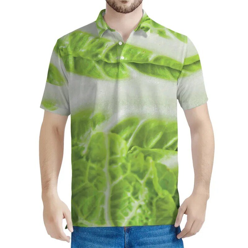 Cabbage Pattern Polo Shirt For Men 3D Printed Vegetable Tee Shirts Casual Oversized T-Shirt Summer Lapel Button Short Sleeves