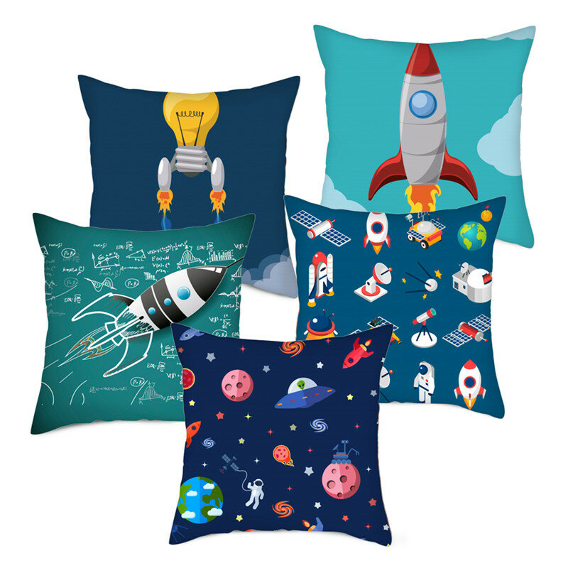 家の寝室の装飾用の宇宙飛行士のロケットと宇宙船の枕カバー,ソファのクッションカバー,部屋のテーマ