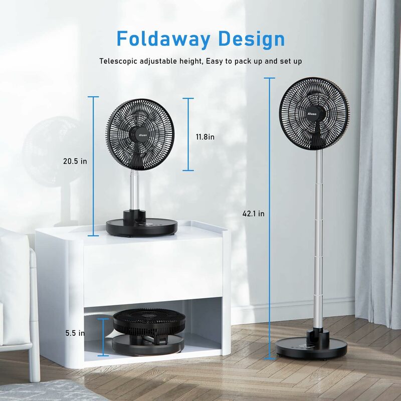 Aluan 12" Quiet Oscillating Fan with 12000mAh Rechargeable Battery, Foldaway Standing Fan/Table Fan with Remote Control
