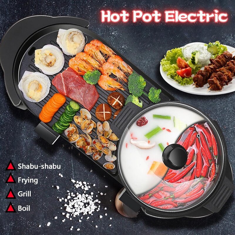 Pot panas dengan panggangan, barbekyu Korea Shabu elektrik 2 in 1, dapat dilepas 1200W/kapasitas besar