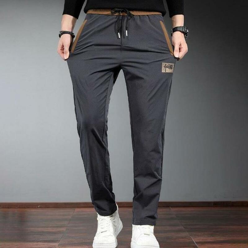 Solid Color Drawstring Pants Men's Elastic Drawstring Cargo Pants with Side Pockets Summer Straight Leg Sweatpants for Outdoor