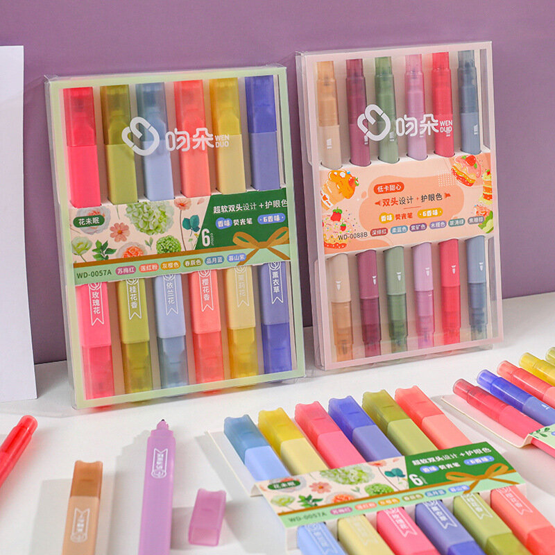 6 Pcs/set Vintage Colored Scented Highlighter Pens Kawaii Candy Color Manga Markers Pastel Fluorescent Pen Cute Stationery