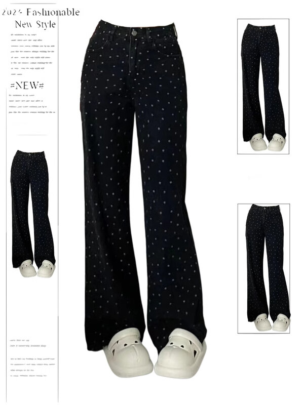 Женские Черные Готические джинсы в горошек, винтажные ковбойские брюки в стиле Харадзюку, мешковатые джинсовые брюки Y2k, одежда в стиле оверсайз в стиле эмо 1920-х