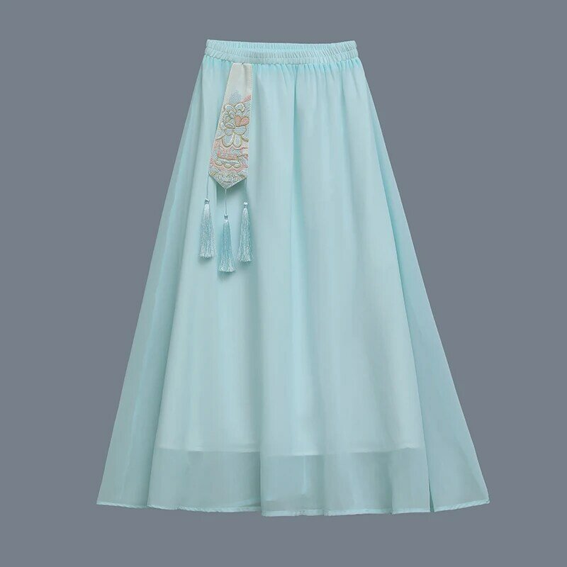 Chinese Hanfu Skirt Women's Summer Midi Elastic Waist Chiffon Mesh Embroidery Tassel Skirt Improved Hanfu Retro Fairy Dress