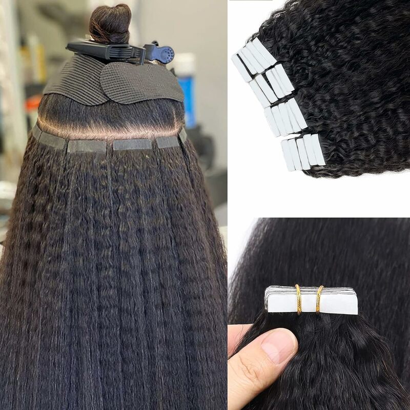 Kinky Straight Tape in Hair Extensions Human Hair Natural Black Skin Weft Tape in Real Human Hair Adhesive Invisible Tape ins
