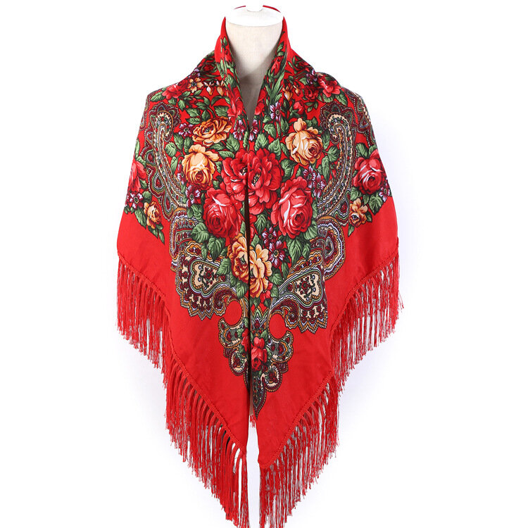 Bufanda cuadrada grande con estampado Floral de peonía de estilo ruso para mujer, chal tradicional étnico mexicano, borla larga, envoltura de algodón cálido