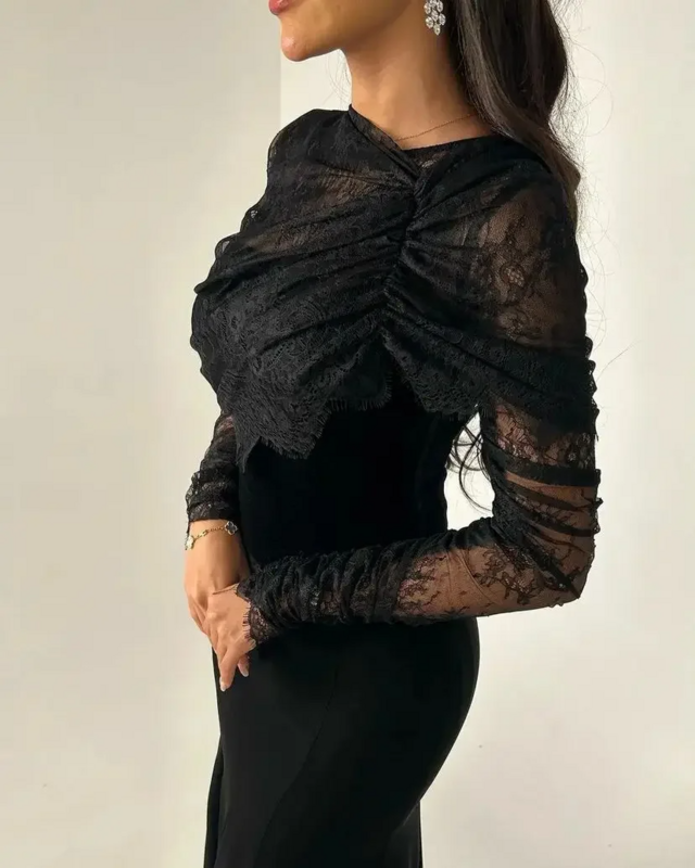 Vestido de noche de encaje plisado con cremallera para mujer, vestidos de fiesta formales hasta el tobillo, línea A, color negro Vintage