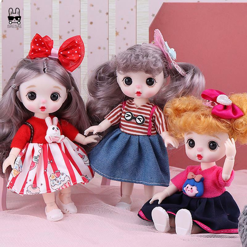 Boneka Mini 17cm BJD, 13 bisa digerakkan bersama bayi perempuan 3D mata besar indah DIY mainan boneka dengan pakaian berdandan 1/8 mode boneka putri