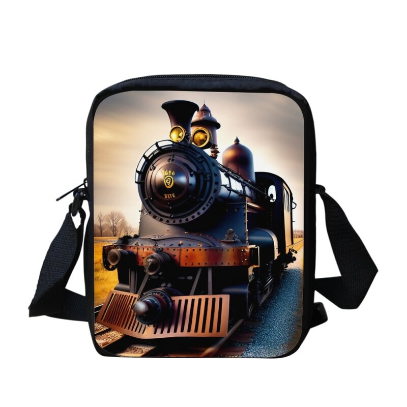 Bandolera pequeña para niños, bolso de hombro con estampado de patrón de tren móvil, práctico, ajustable, diario, cruzado, escolar