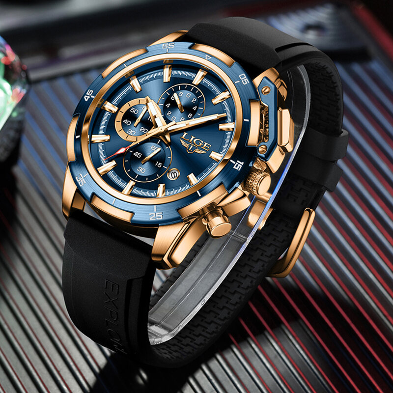 Часы наручные LIGE Мужские кварцевые, брендовые Роскошные спортивные водонепроницаемые с силиконовым ремешком, с хронографом
