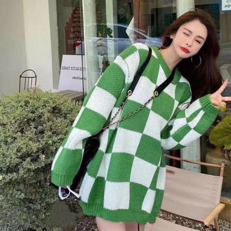 Sweter z dzianiny damski jesienno-zimowy szachownica leniwy styl moda europejska i amerykańska modna marka luźne bluzki casual