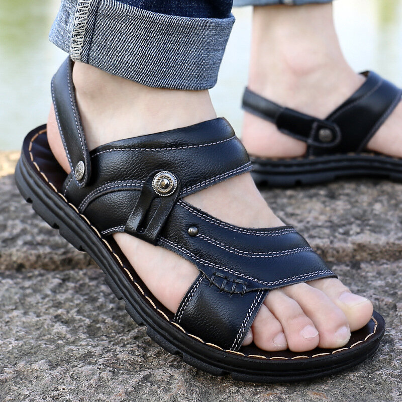 Nuovi sandali e pantofole estivi da uomo sandali in pelle da uomo scarpe da spiaggia con suola spessa per adulti sandali in pelle Open-toe antiscivolo